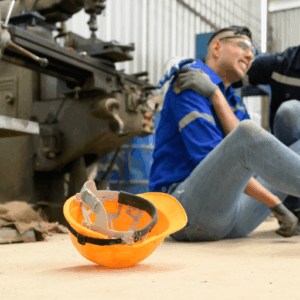 Un salarié au sol se tient l’épaule et grimace de douleur