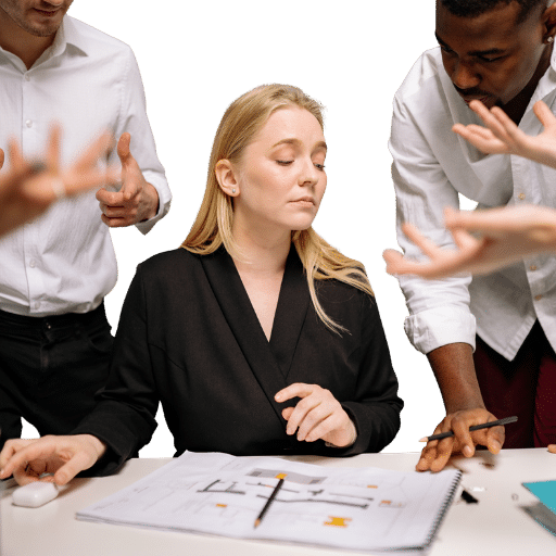 Une femme assise à un bureau subit les commentaires agressifs de trois hommes debouts